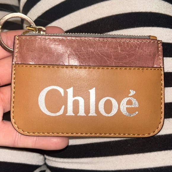 Chloe Auth Tan Pink Zip Leather Coin Key Case 2 Slot Card Holder Wallet Zip - Picture 1 of 6